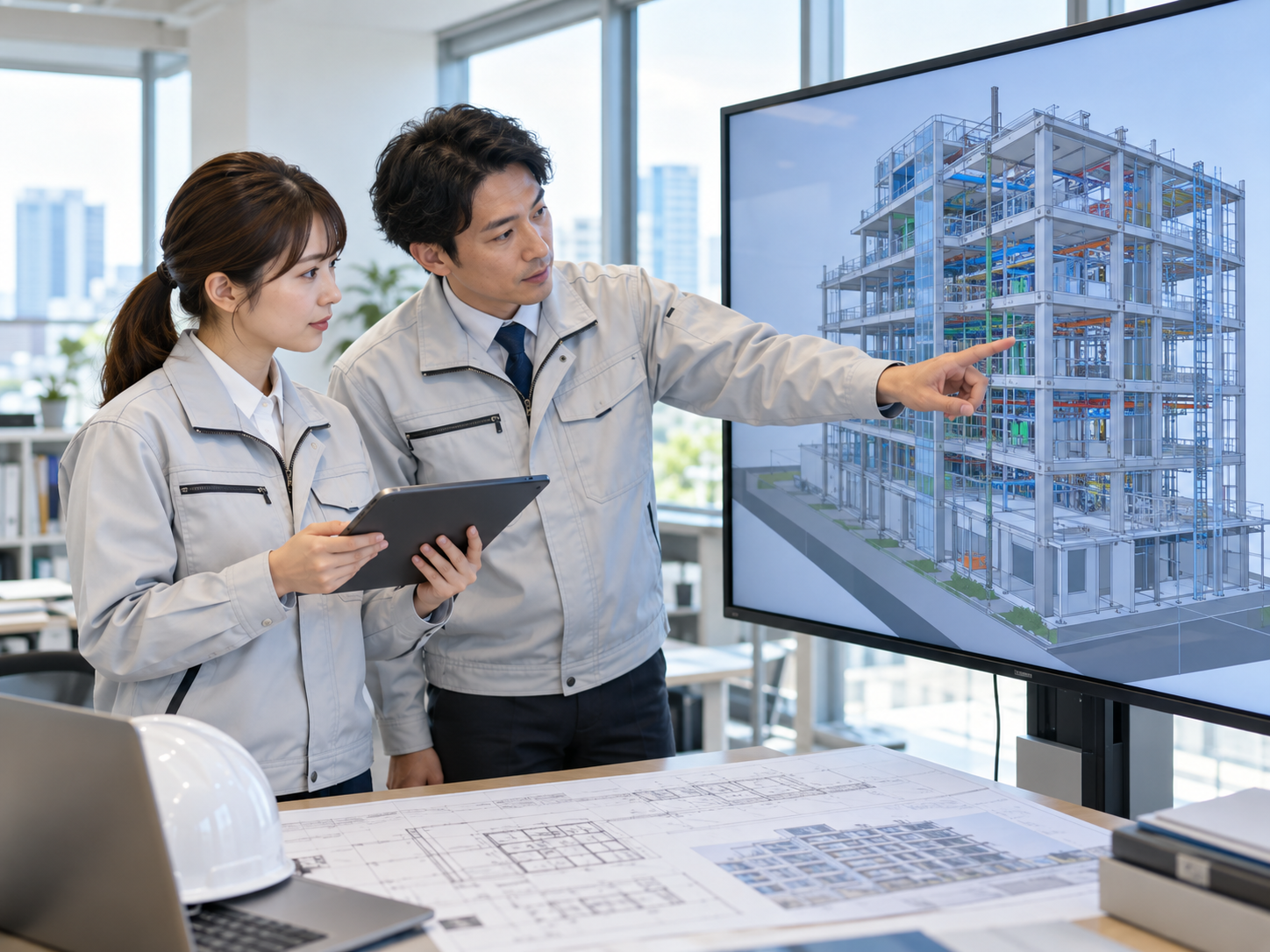 BIM画面を見ながらAI導入を検討する建設担当者